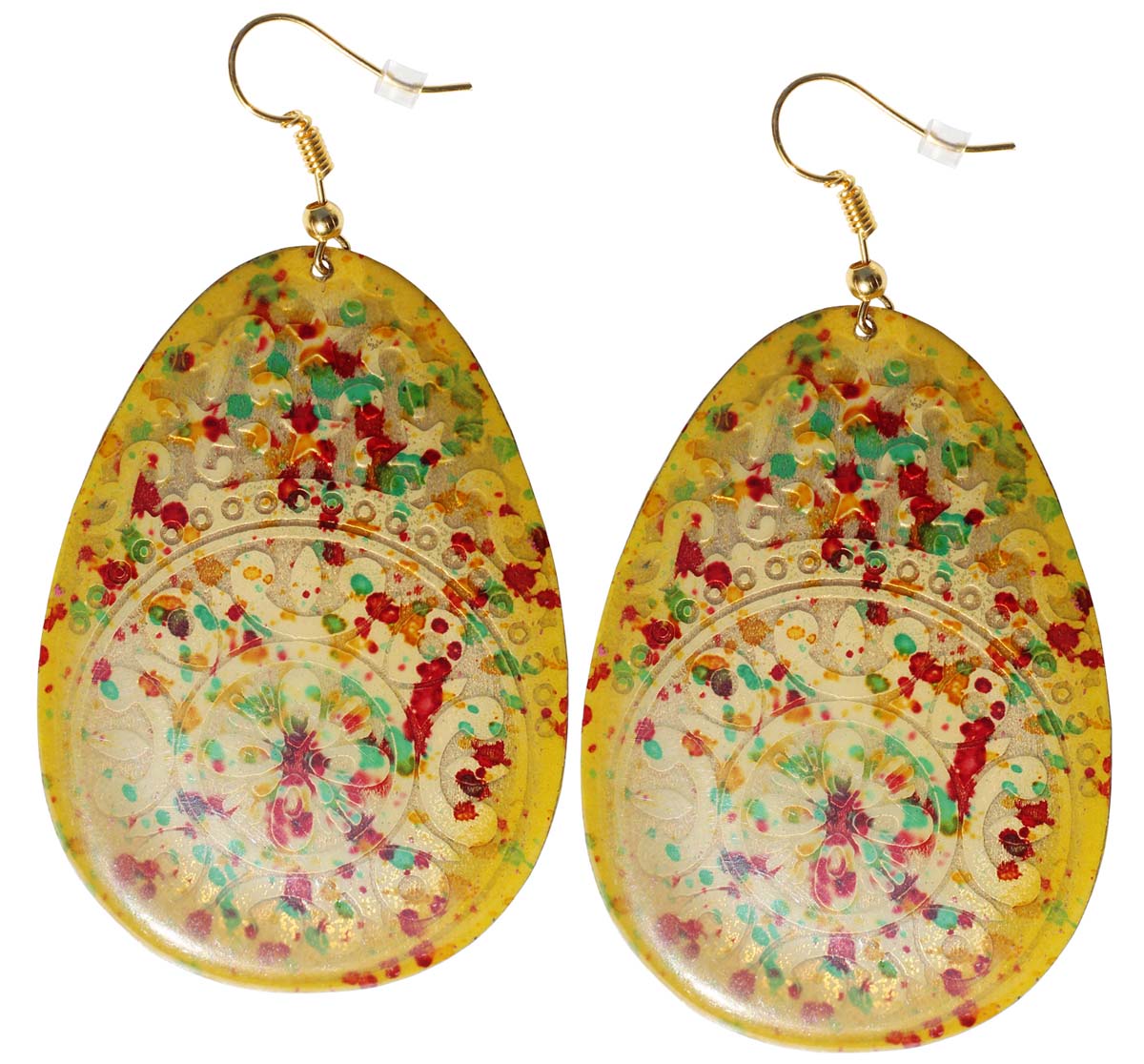3” Yellow Brass Hook Earrings with Embossing & Colorful Pattern - Drop Earrings / Accessories for Her - Buy in Bulk Wholesale